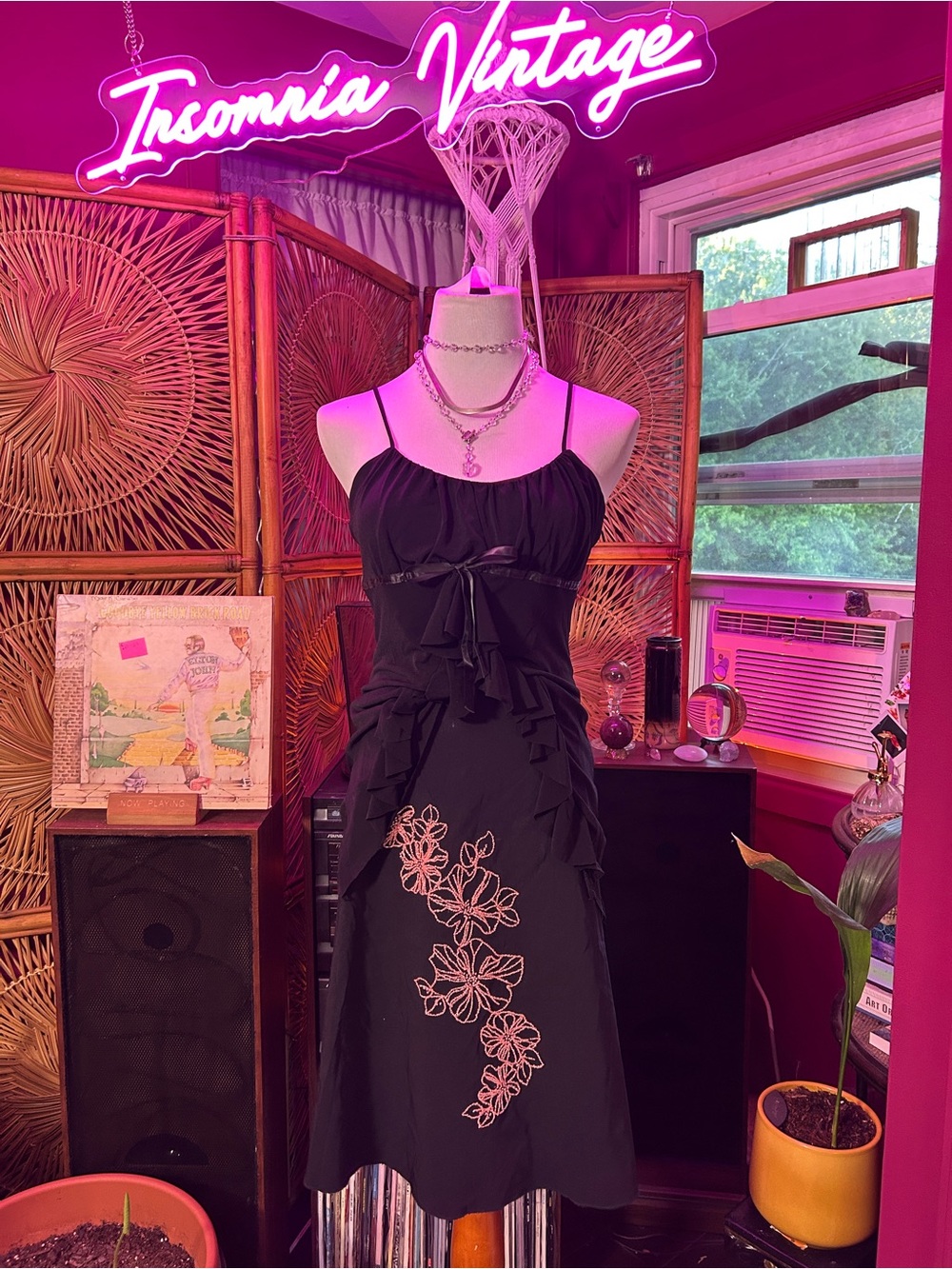 ONE Y2K Black Midi Skirt with Pink Floral Glitter Detail